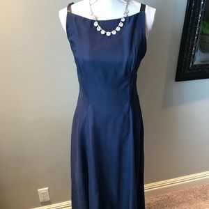 Long navy blue formal dress.